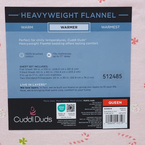 Cuddl Duds Queen Heavyweight Flannel Sheet Set Pink Candy Cane Brushed Cotton - Picture 6 of 9